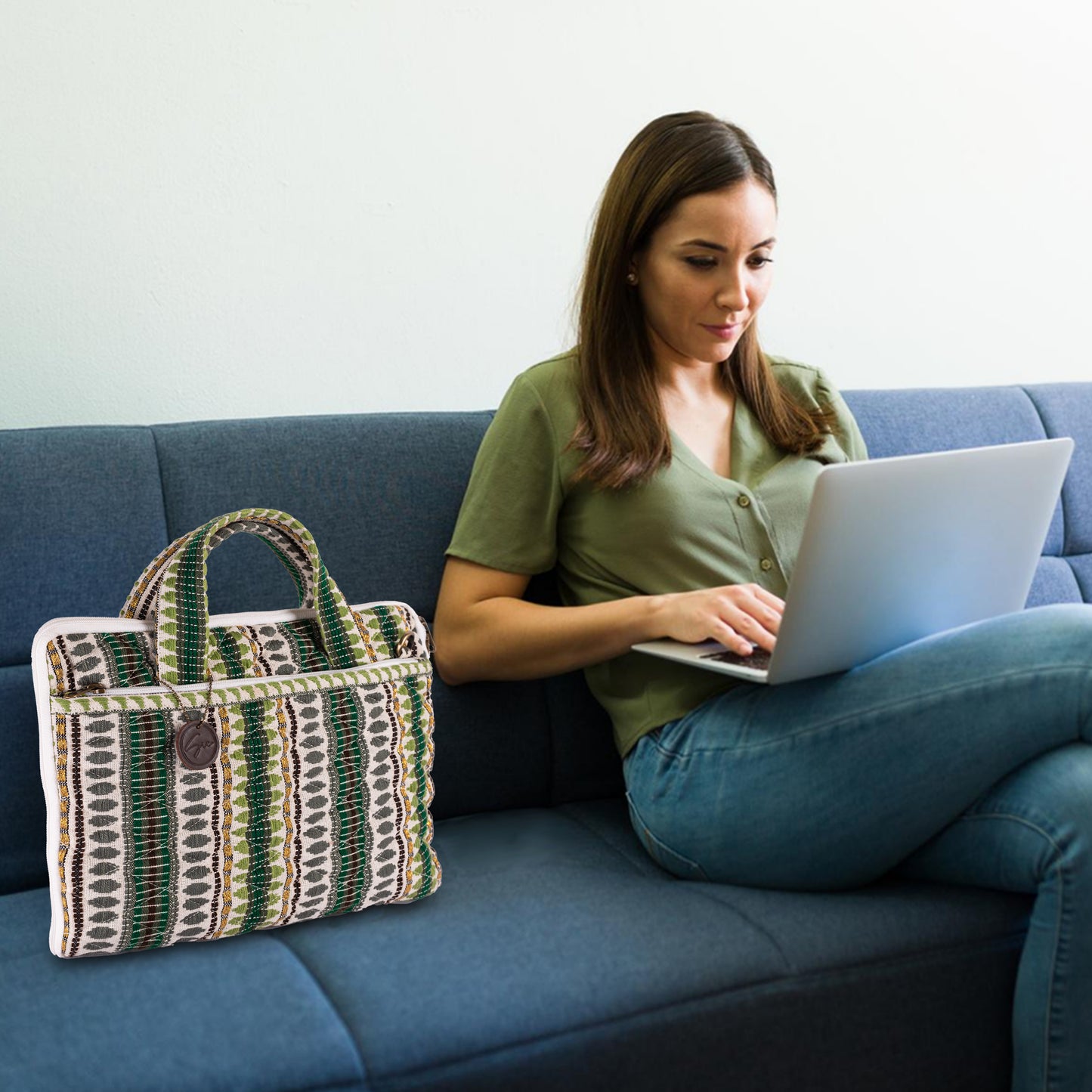 Green Jacquard Fabric Laptop Bag 15"